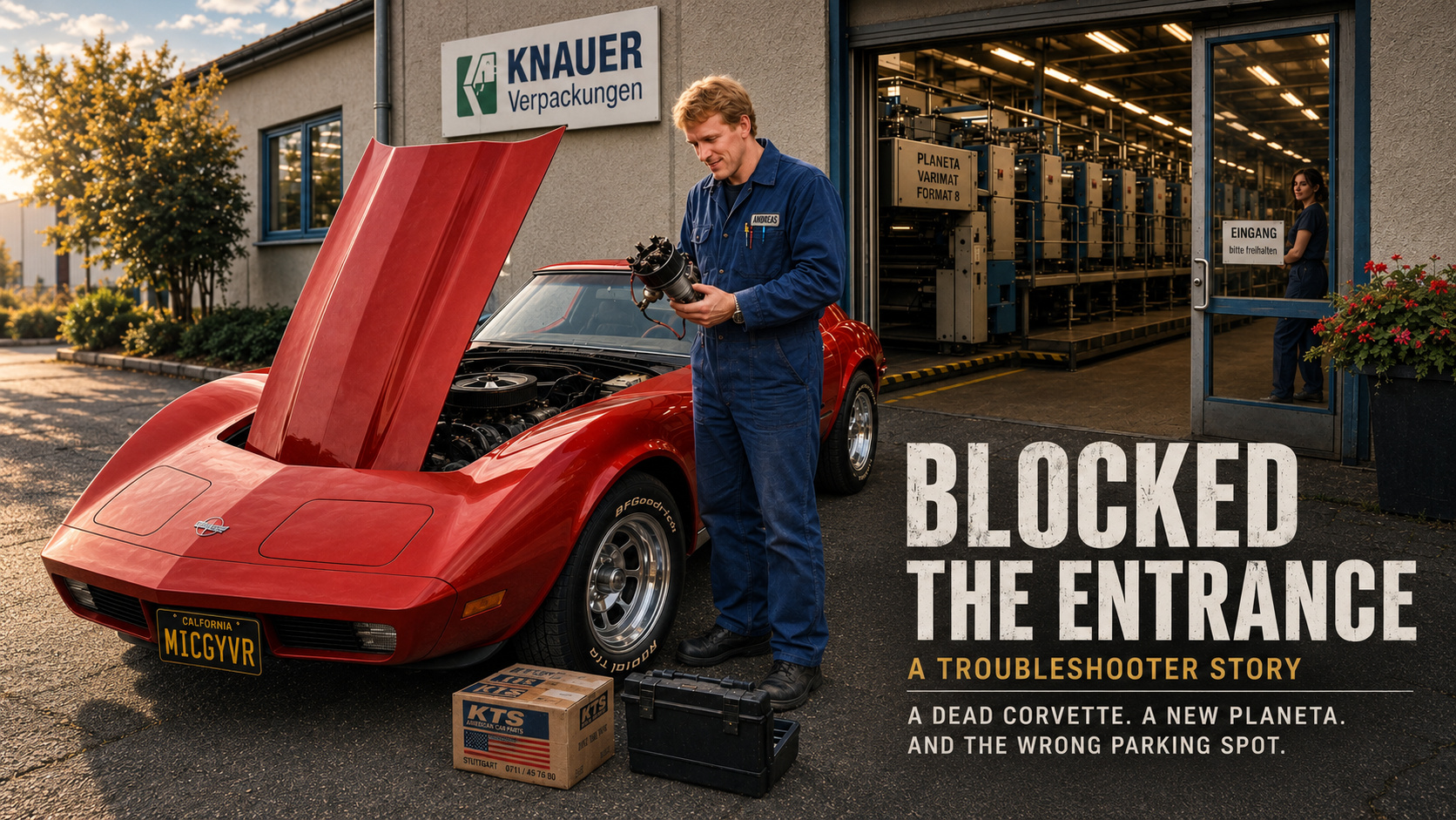 Red Corvette with its hood open beside the entrance at Knauer Verpackungen while Andreas examines the HEI distributor, with the Planeta Varimat visible inside