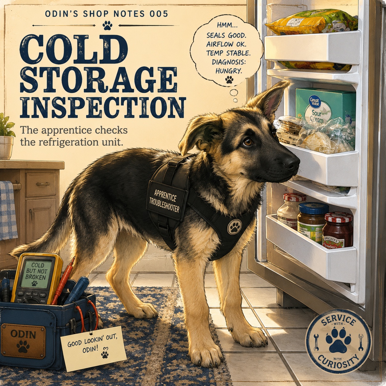 Odin inspecting the open refrigerator