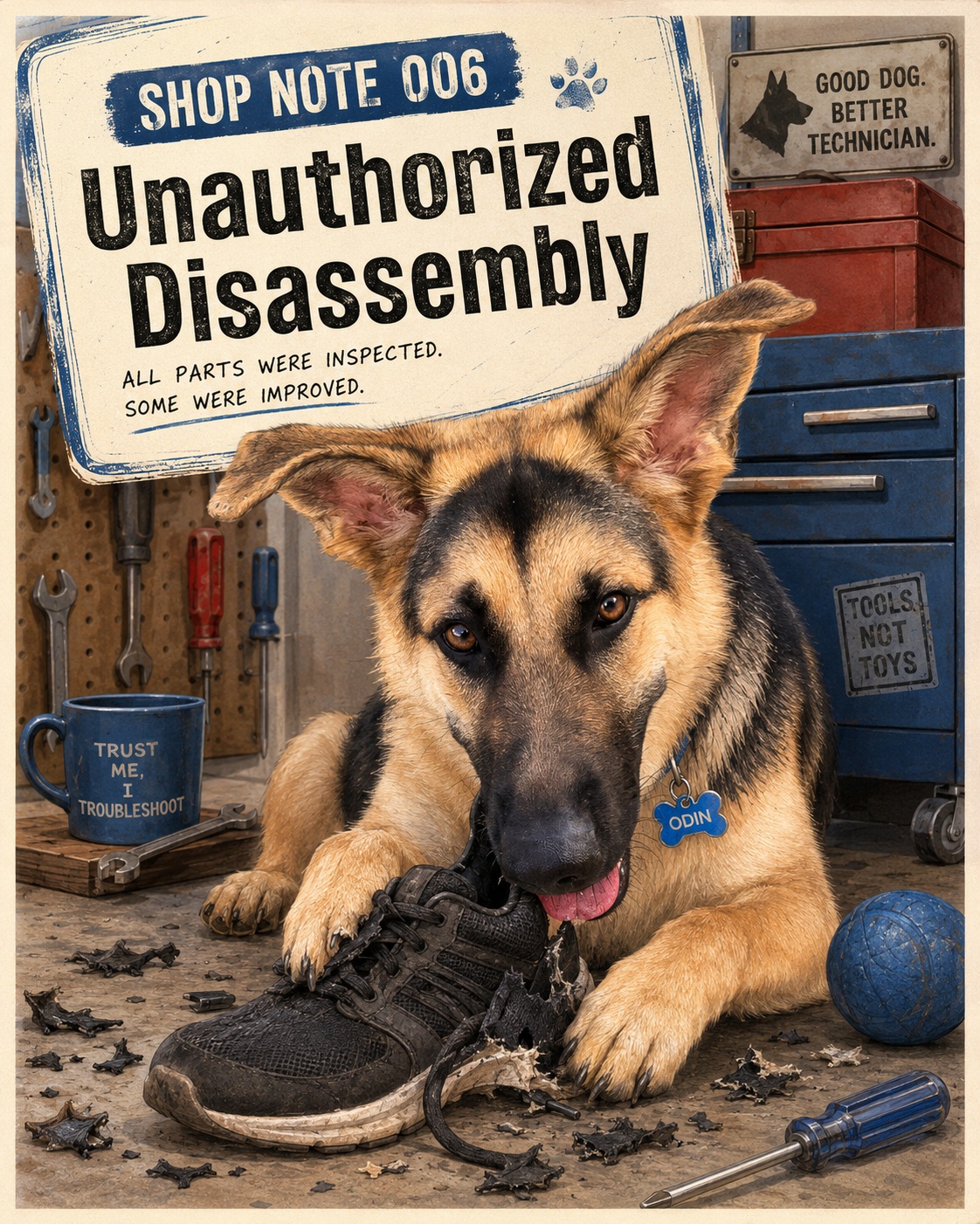 Odin beside a disassembled shoe in the workshop