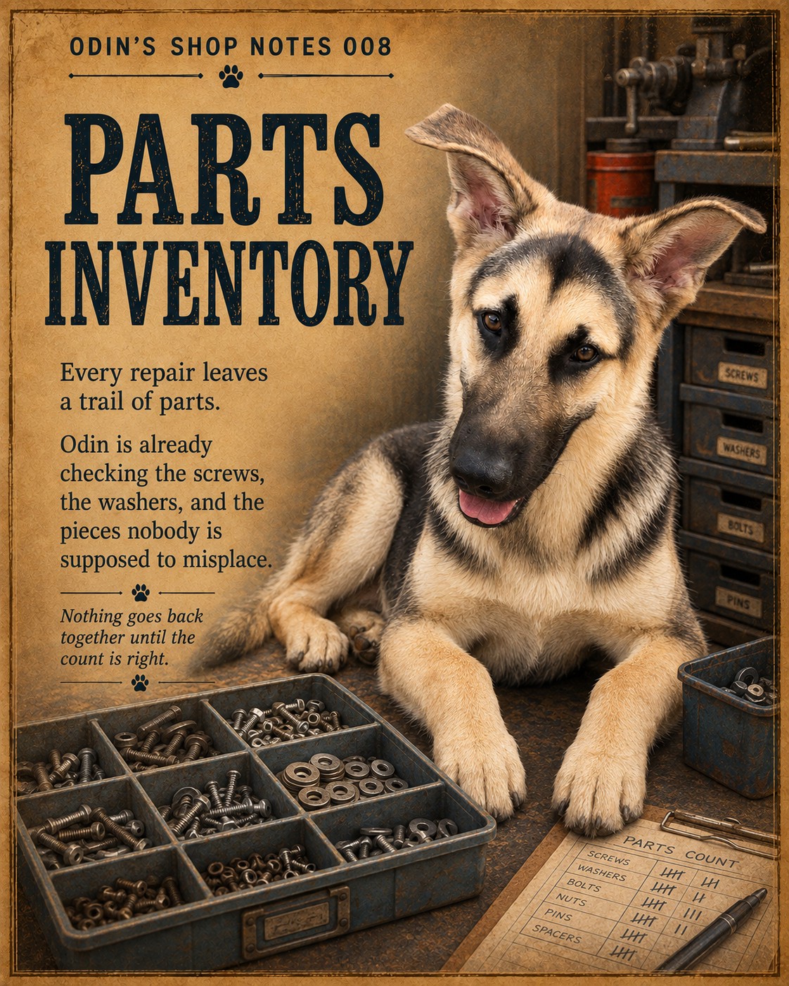 Odin checking trays of screws, washers, nuts, and other workshop parts