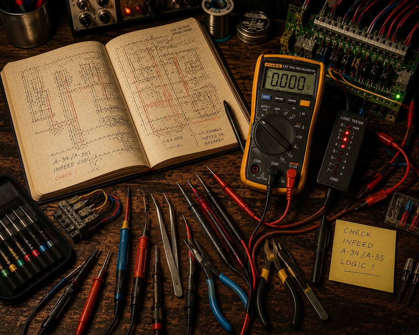 A traveling troubleshooter’s workbench with schematics, multimeter, tools, field notebook, and map
